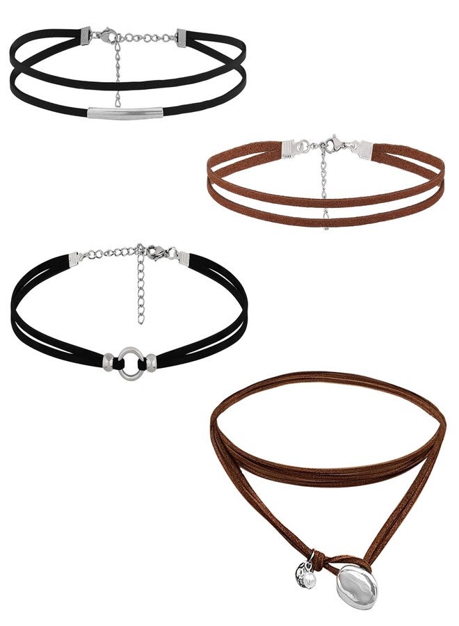 AEDOVE 4 Pcs Choker Necklace for Women, Black Leather Choker Necklaces Gothic Collar Boho Necklaces Adjustable Brown Suede Layered Leather Necklace for Birthdays Christmas - Image 1